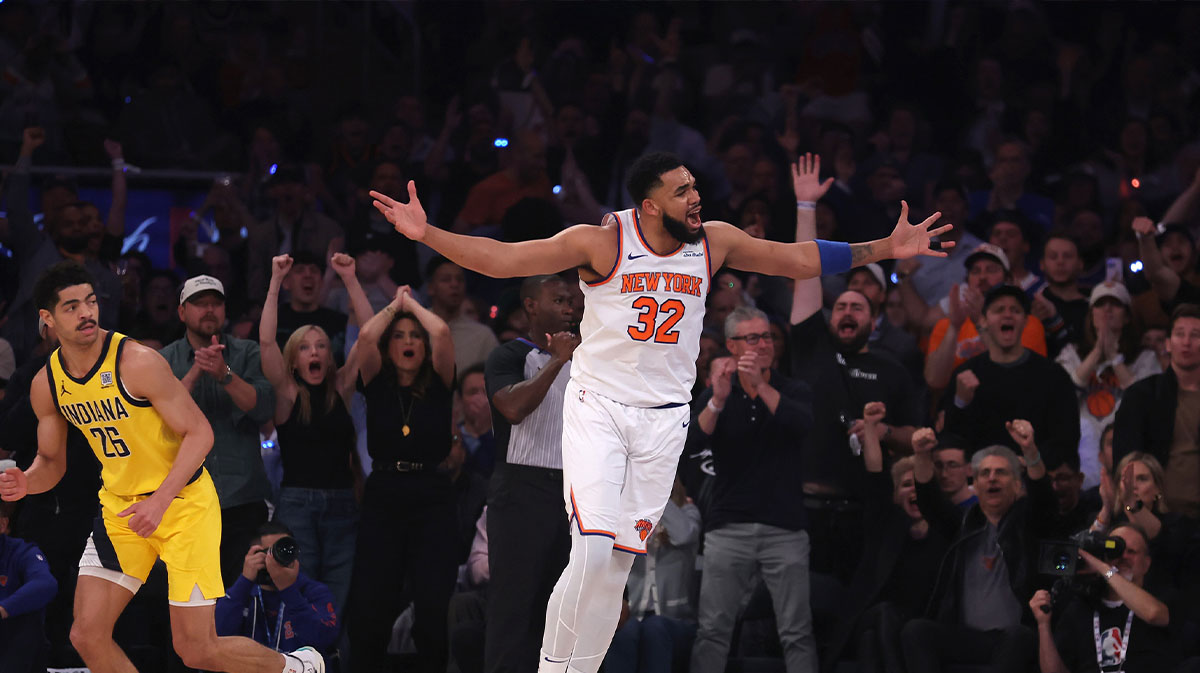 New York Knicks center Karl-Anthony Towns (32) reacts in the first quarter against the Indiana Pacers during game five of the eastern conference finals for the 2025 NBA Playoffs at Madison Square Garden.