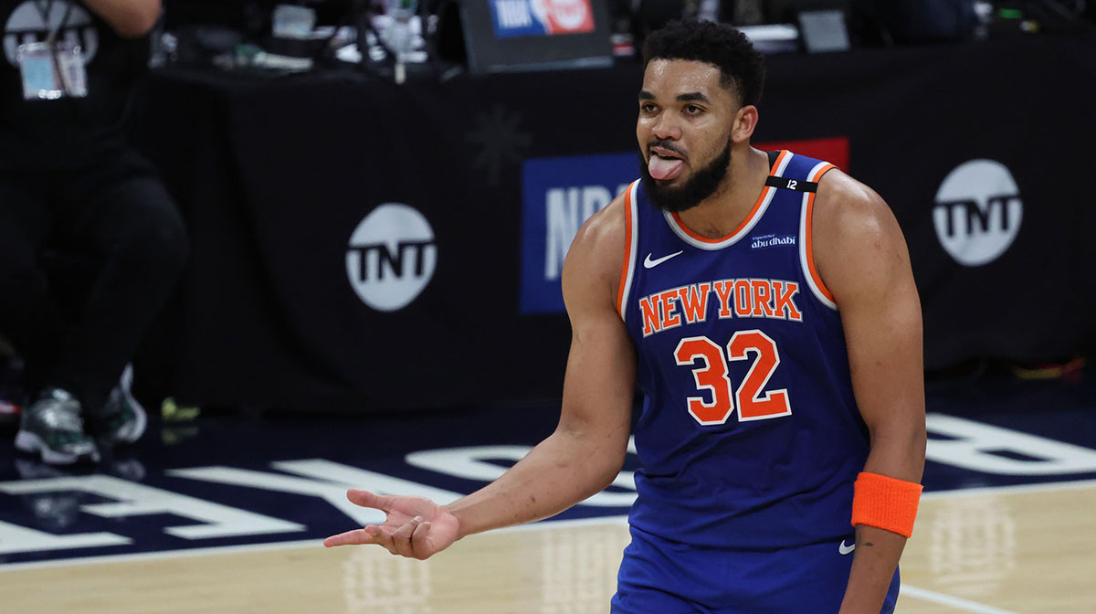 New York Knicks center Karl-Anthony Towns (32) reacts during the fourth quarter against the Indiana Pacers during game three of the eastern conference finals for the 2025 NBA Playoffs at Gainbridge Fieldhouse.