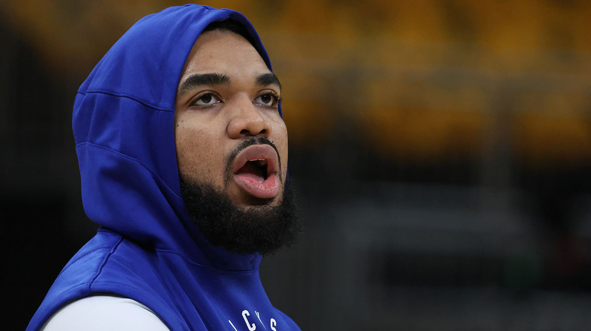 New York Knicks center Karl-Anthony Towns (32) looks on during warmups prior to game six of the eastern conference finals against the Indiana Pacers for the 2025 NBA Playoffs at Gainbridge Fieldhouse.