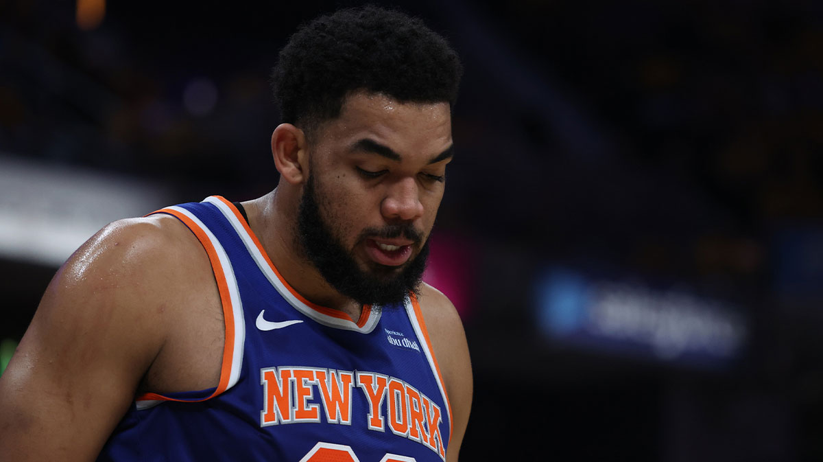 New York Knicks center Karl-Anthony Towns (32) stands on court during the second quarter against the Indiana Pacers of game four of the eastern conference finals for the 2025 NBA Playoffs at Gainbridge Fieldhouse.