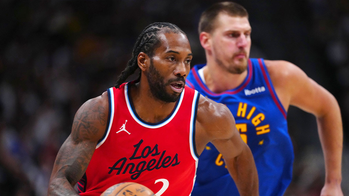 LA Clippers forward Kawhi Leonard (2) controls the ball in the first quarter against the Denver Nuggets during game seven of first round for the 2025 NBA Playoffs at Ball Arena. Mandatory