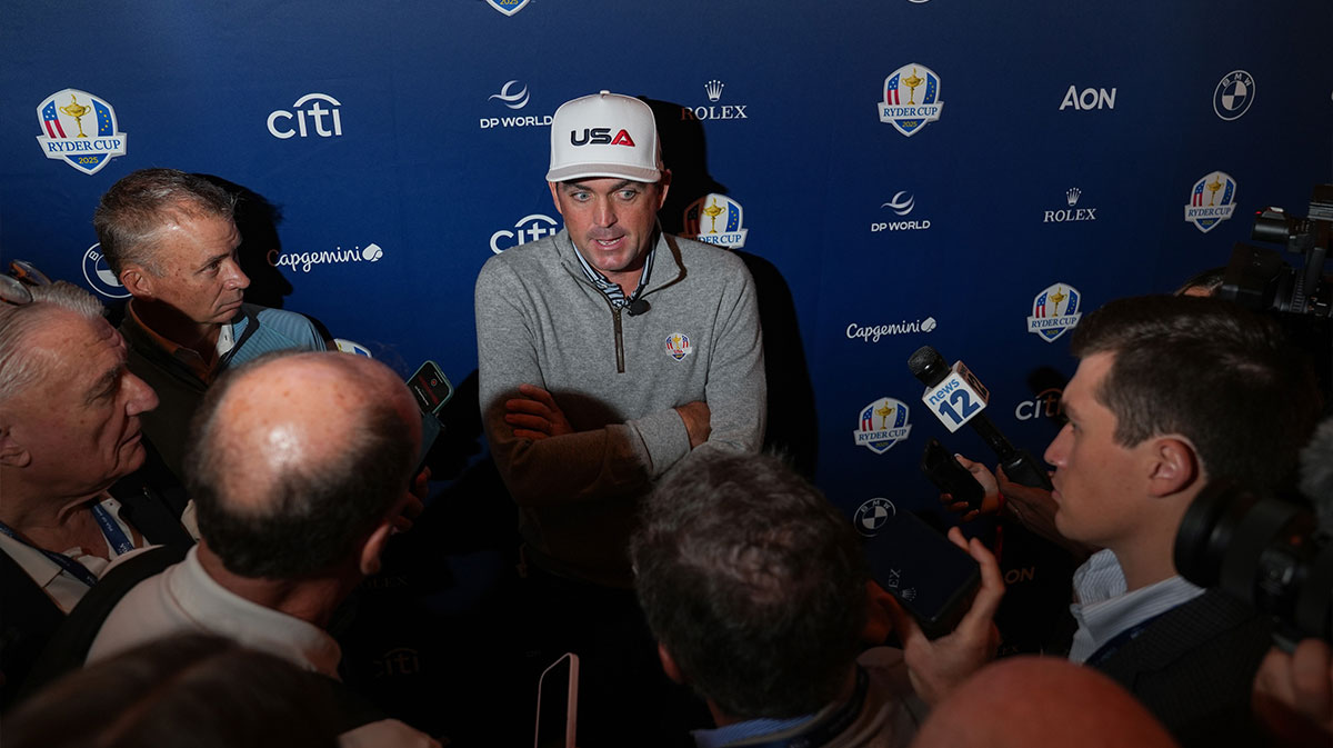 US team captain Keegan Bradley gives an interview after a press conference at Times Center.