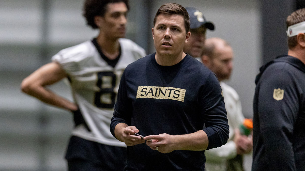 New Orleans Saints head coach Kellen Moore during rookie minicamp at Ochsner Sports Performance Center.