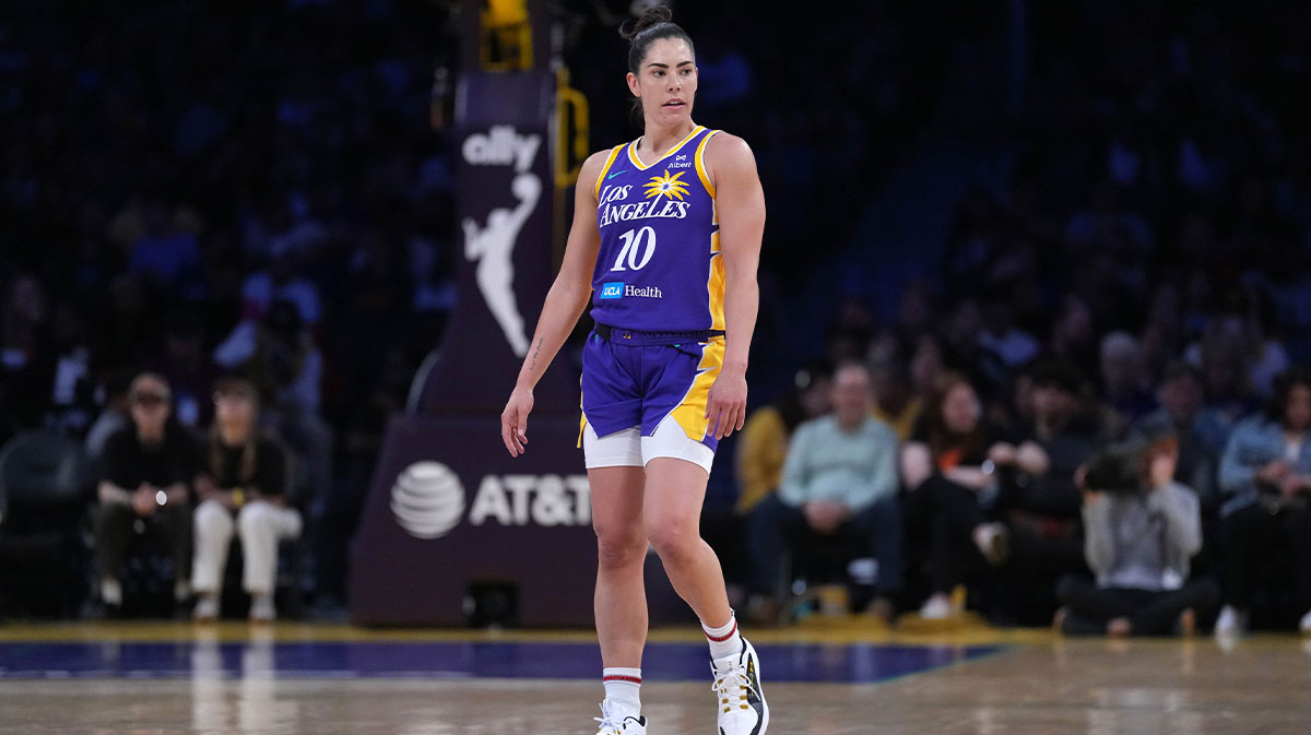 LA Sparks guard Kelsey Plum (10) reacts in the first half against the Golden State Valkyries at Crypto.com Arena.