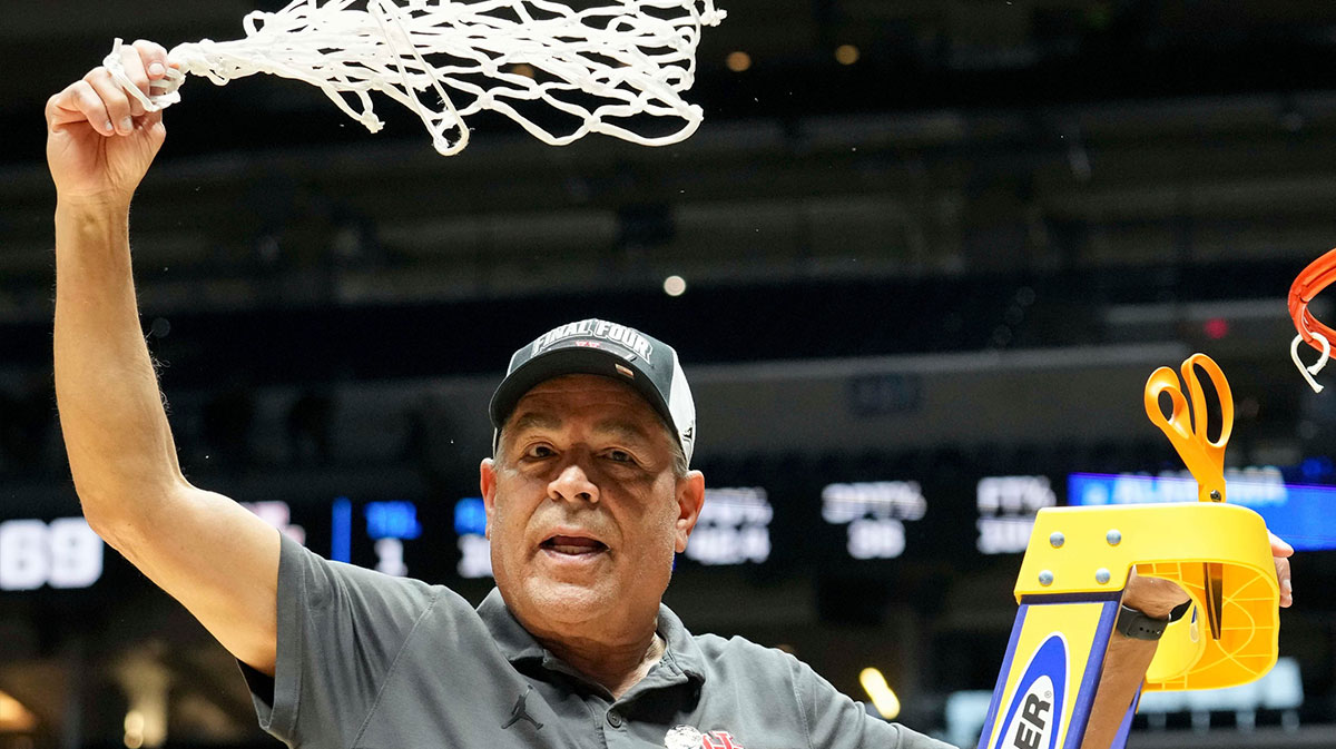 Houston Cougars head coach Kelvin Sampson celebrates after his team defeats the Tennessee Volunteers in a game Sunday, March 30, 2025, during the Elite Eight round of the NCAA March Madness tournament at Lucas Oil Stadium in Indianapolis. Houston defeated Tennessee 69-50.