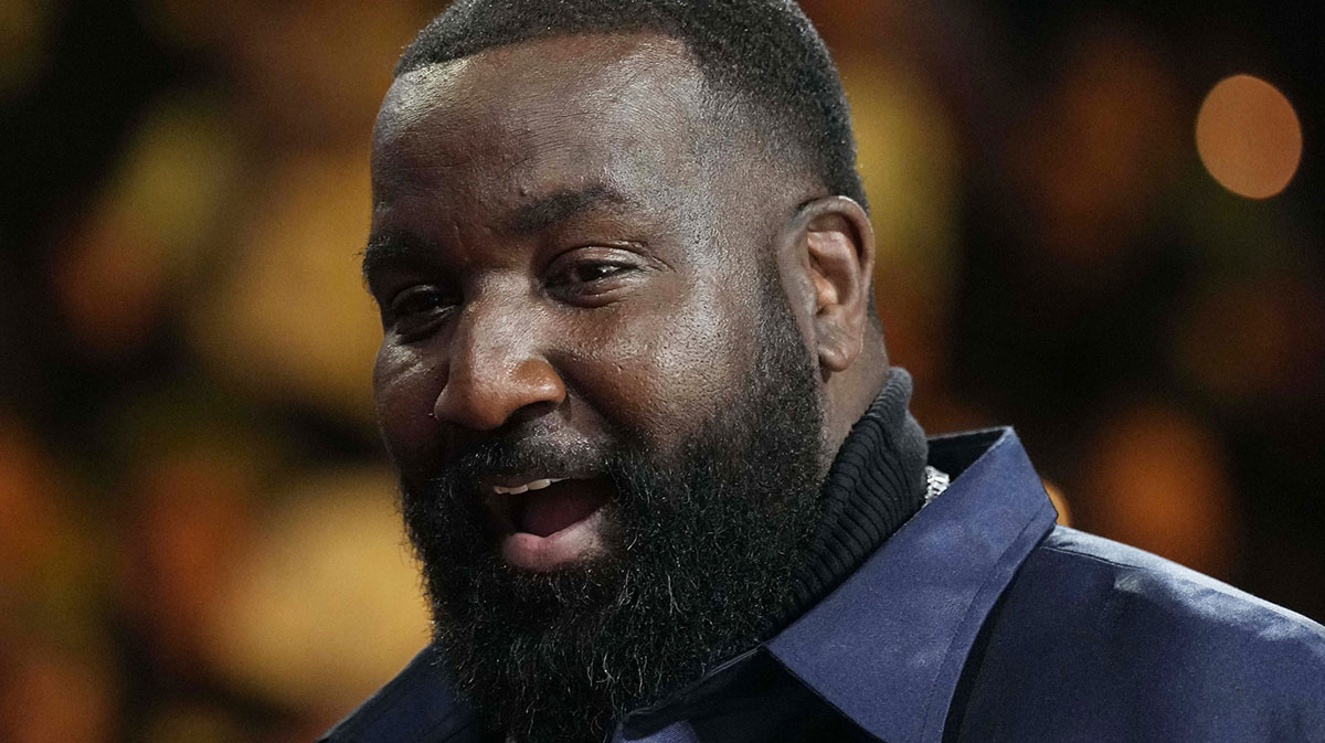 Former NBA player Kendrick Perkins looks on during the fourth quarter between the Houston Rockets and the Oklahoma City Thunder. in a semifinal of the 2024 Emirates NBA Cup.