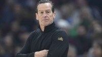 Cleveland Cavaliers head coach Kenny Atkinson stands on the court in the first quarter against the Indiana Pacers at Rocket Arena.