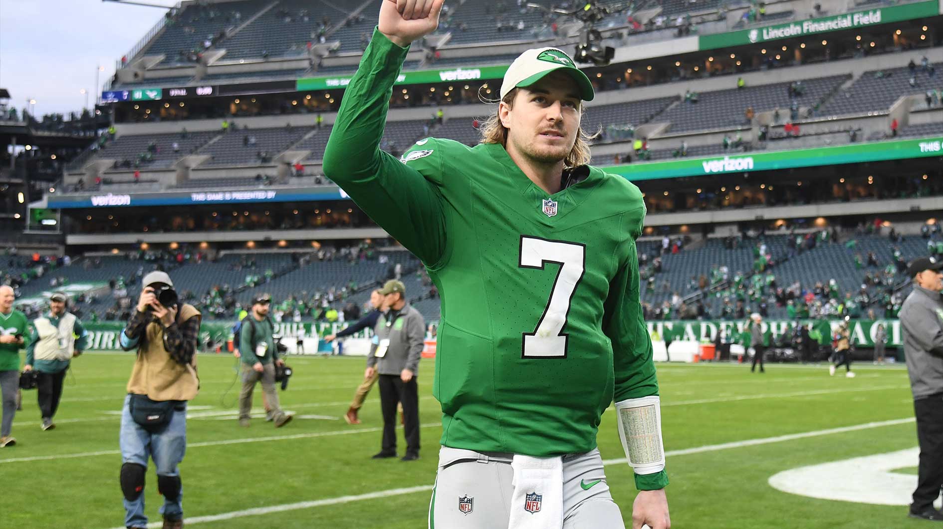 Philadelphia Eagles quarterback Kenny Pickett (7) walks off the field after win against the Dallas Cowboys at Lincoln Financial Field.