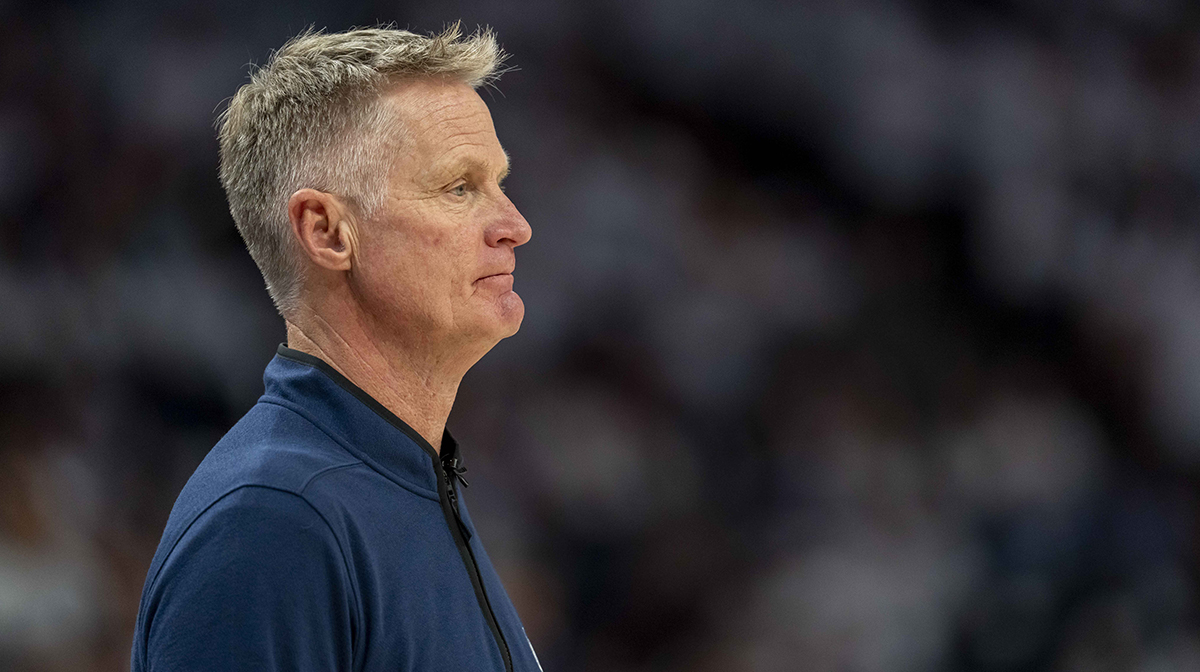 Golden State Warriors head coach Steve Kerr looks on against the Minnesota Timberwolves in the second half during game five of the second round for the 2025 NBA Playoffs at Target Center.