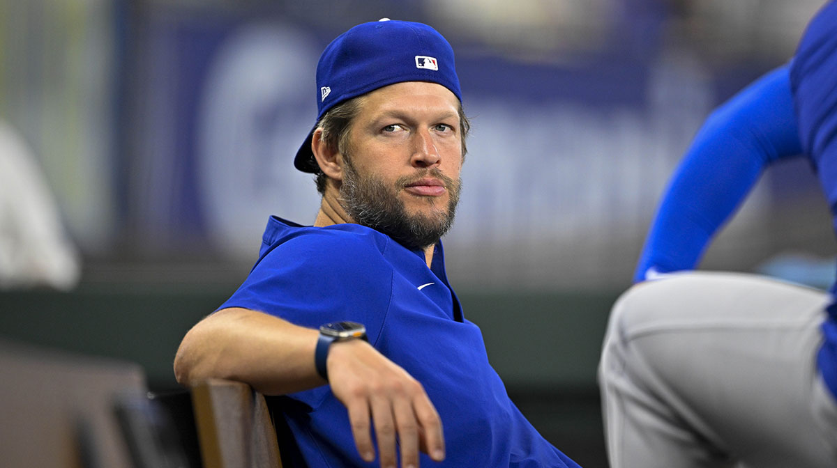 Los Angeles Dodgers pitcher Clayton Kershaw looks during the game between the Texas Rangers and the Los Angeles Dodgers at Globe Life Field.