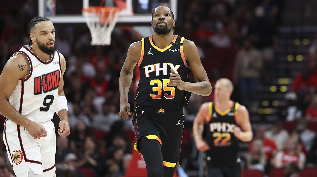 Phoenix Suns forward Kevin Durant (35) looks up after a play during the first quarter against the Houston Rockets at Toyota Center.