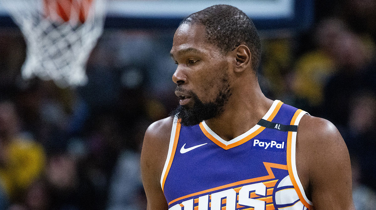 Phoenix Suns forward Kevin Durant (35) reacts in the first half against the Indiana Pacers at Gainbridge Fieldhouse.