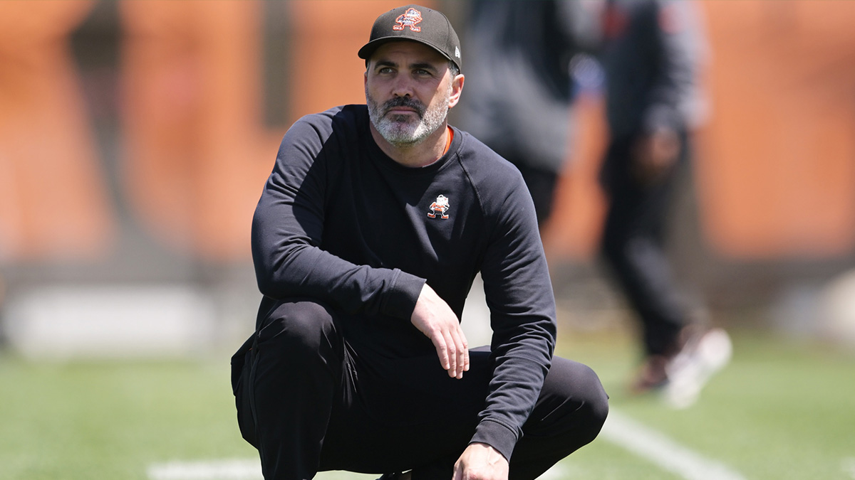 Cleveland Browns head coach Kevin Stefanski watches during rookie minicamp at CrossCountry Mortgage Campus.