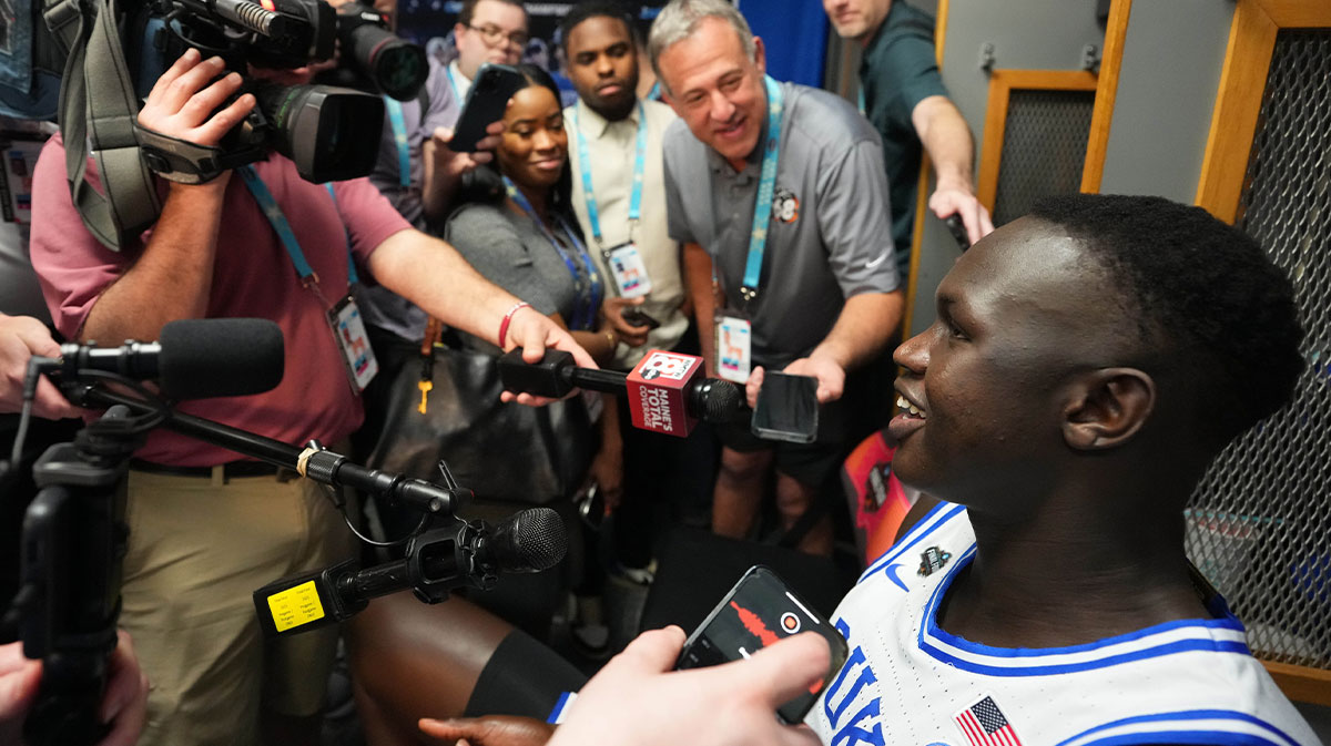 Duke Blue Devils center Khaman Maluach (9) is interviewed during open locker room at Alamodome.