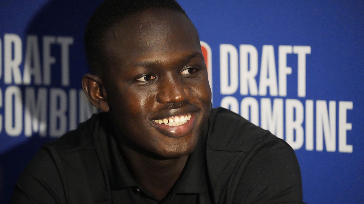 Khaman Maluach talks to the media during the 2025 NBA Draft Combine at Marriott Marquis Chicago.