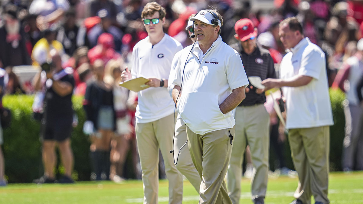 Georgia Bulldogs head coach Kirby Smart shown during the Georgia Spring game at Sanford Stadium.