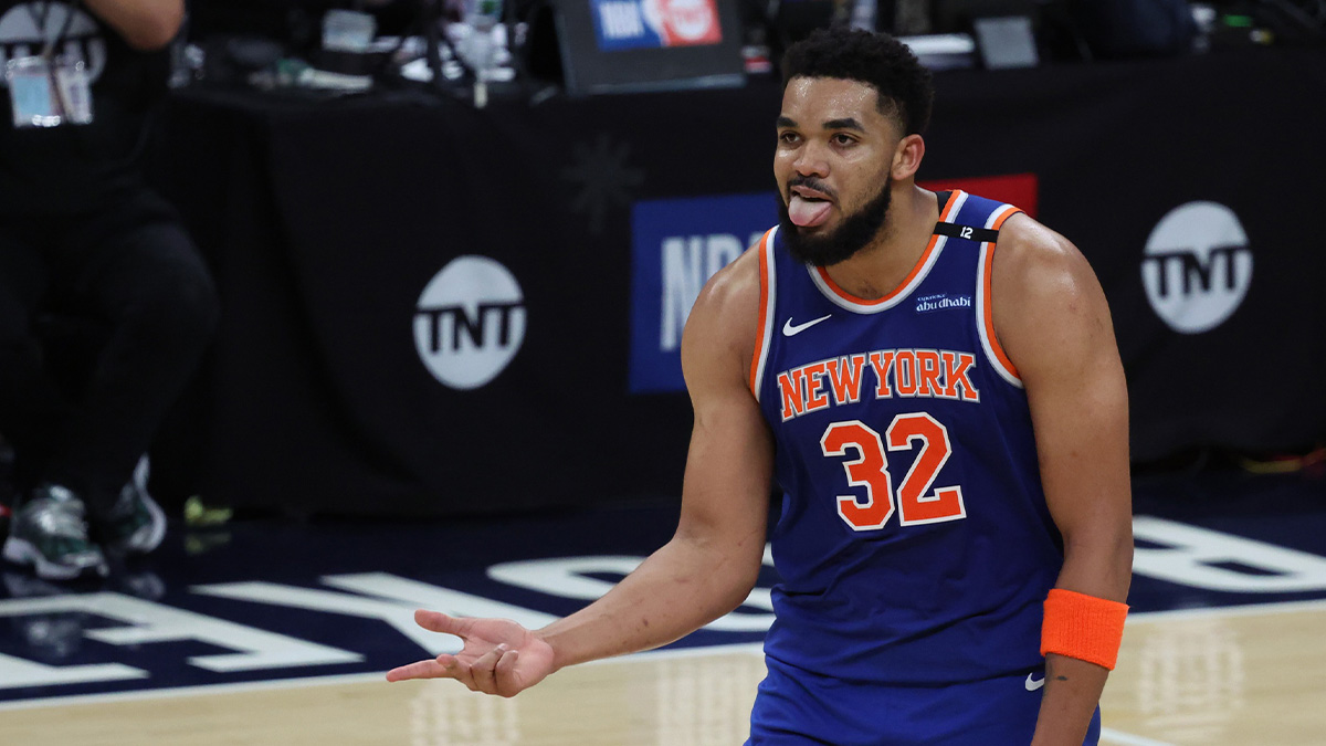 New York Knicks center Karl-Anthony Towns (32) reacts during the fourth quarter against the Indiana Pacers during game three of the eastern conference finals for the 2025 NBA Playoffs at Gainbridge Fieldhouse.
