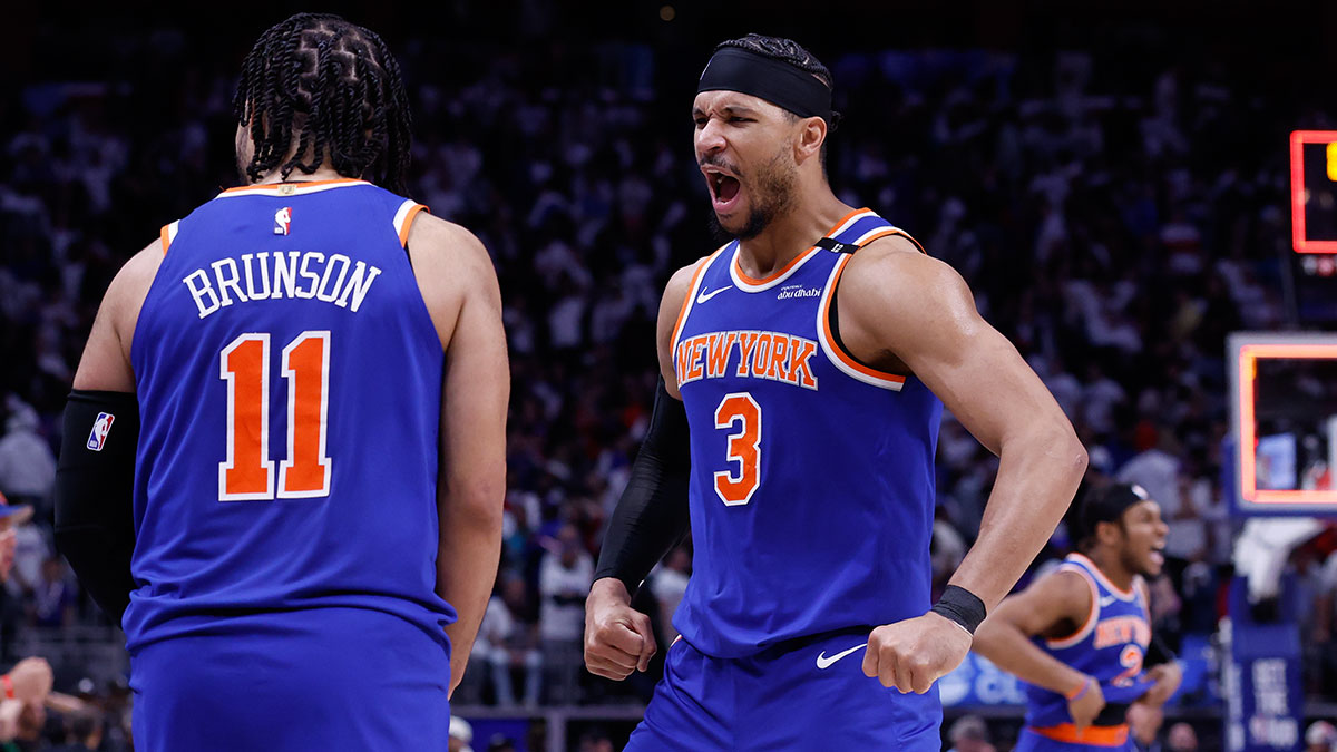 Knicks guard Jalen Brunson (11) and guard Josh Hart (3) celebrate after defeating the Detroit Pistons during game six of first round for the 2024 NBA Playoffs at Little Caesars Arena