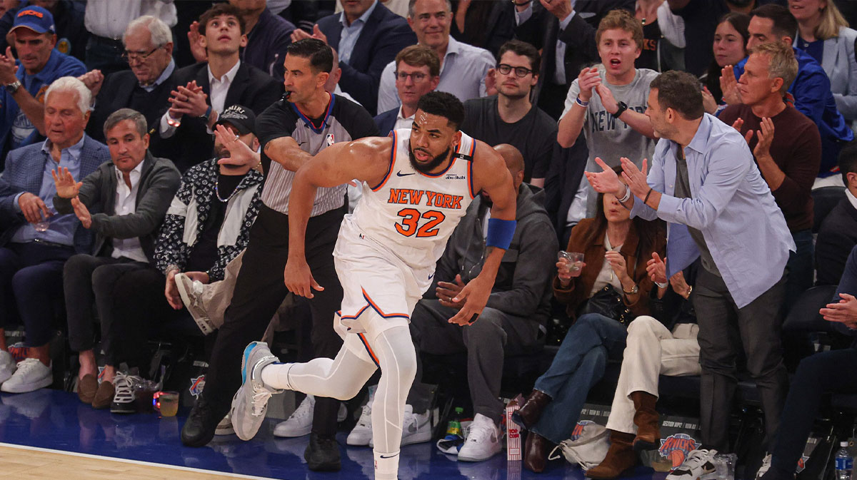 New York Knicks center Karl-Anthony Towns (32) runs up court after a basket in game five of the eastern conference finals of the 2025 NBA Playoffs against the Indiana Pacers at Madison Square Garden.
