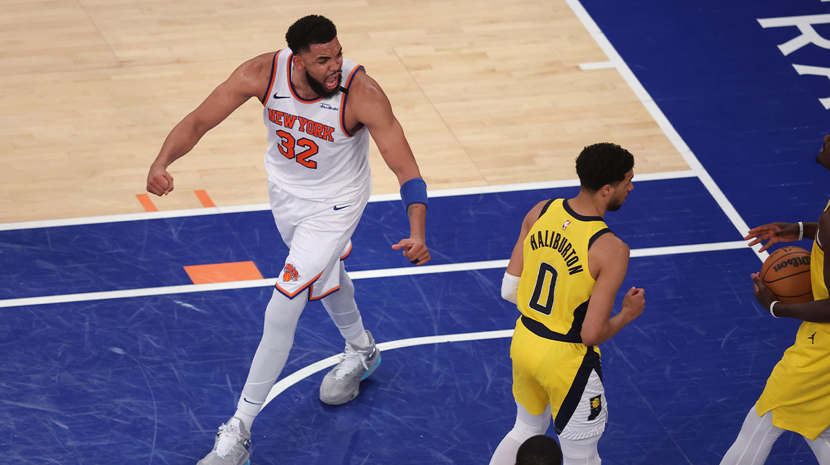 New York Knicks center Karl-Anthony Towns (32) reacts in the second quarter against the Indiana Pacers during game five of the eastern conference finals for the 2025 NBA Playoffs at Madison Square Garden.