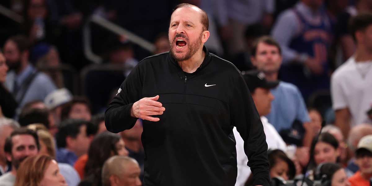 New York Knicks head coach Tom Thibodeau reacts in the fourth quarter against the Indiana Pacers during game five of the eastern conference finals for the 2025 NBA Playoffs at Madison Square Garden.