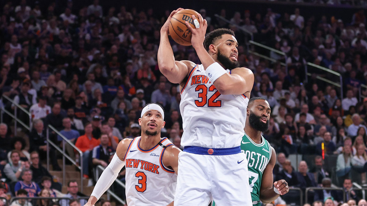 New York Knicks center Karl-Anthony Towns (32) grabs a rebound in the third quarter against the Boston Celtics during game three of the second round for the 2025 NBA Playoffs at Madison Square Garden.