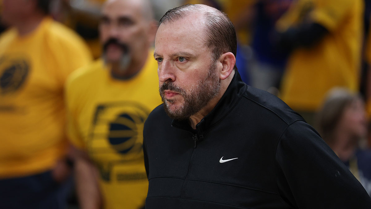 New York Knicks head coach Tom Thibodeau looks on prior to game six of the eastern conference finals against the Indiana Pacers for the 2025 NBA Playoffs at Gainbridge Fieldhouse.