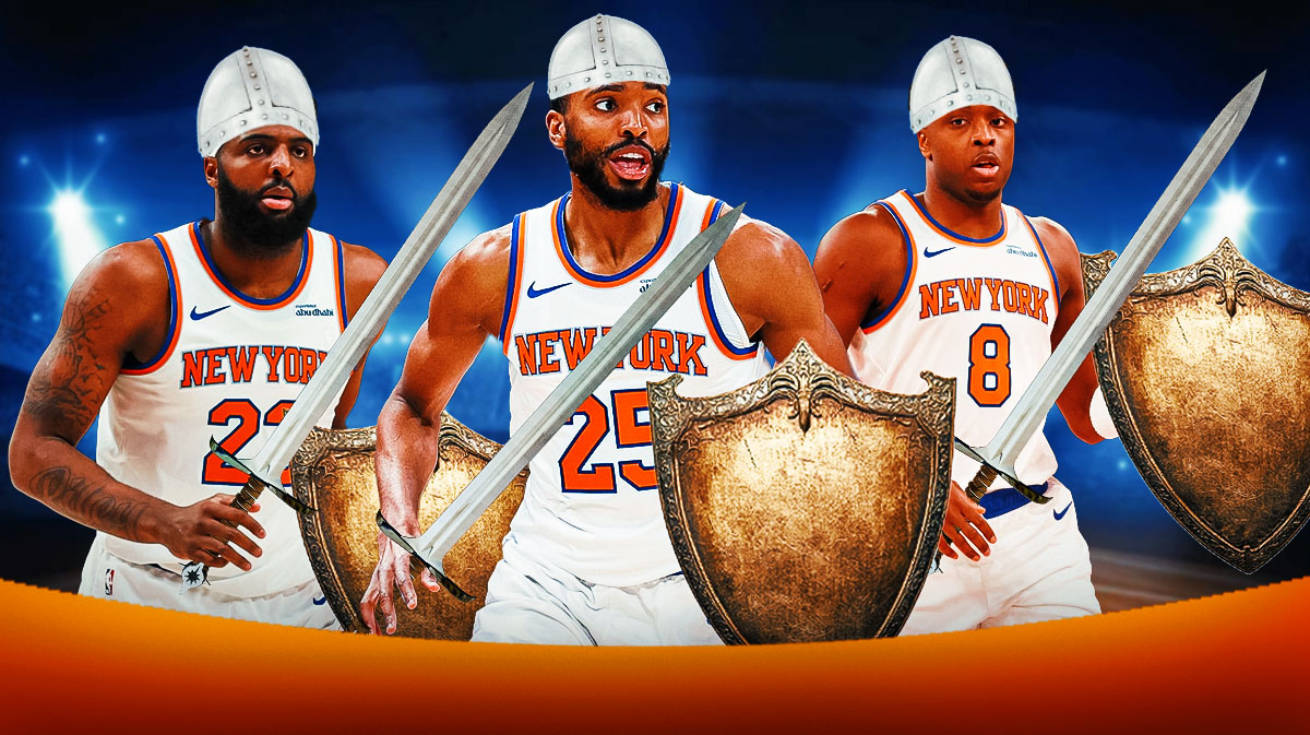 Mitchell Robinson, Mikal Bridges, and OG Anunoby standing side-by-side holding shields and swords and wearing knights' helmets
