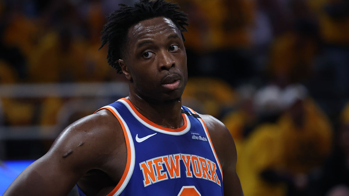 New York Knicks forward OG Anunoby (8) stands on court during the second quarter against the Indiana Pacers of game four of the eastern conference finals for the 2025 NBA Playoffs at Gainbridge Fieldhouse.