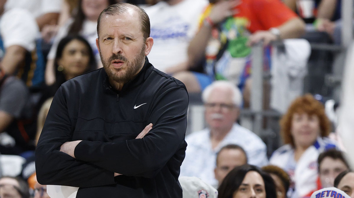 Knicks head coach Tom Thibodeau looks on in the first half against the Detroit Pistons during game three of first round for the 2024 NBA Playoffs at Little Caesars Arena