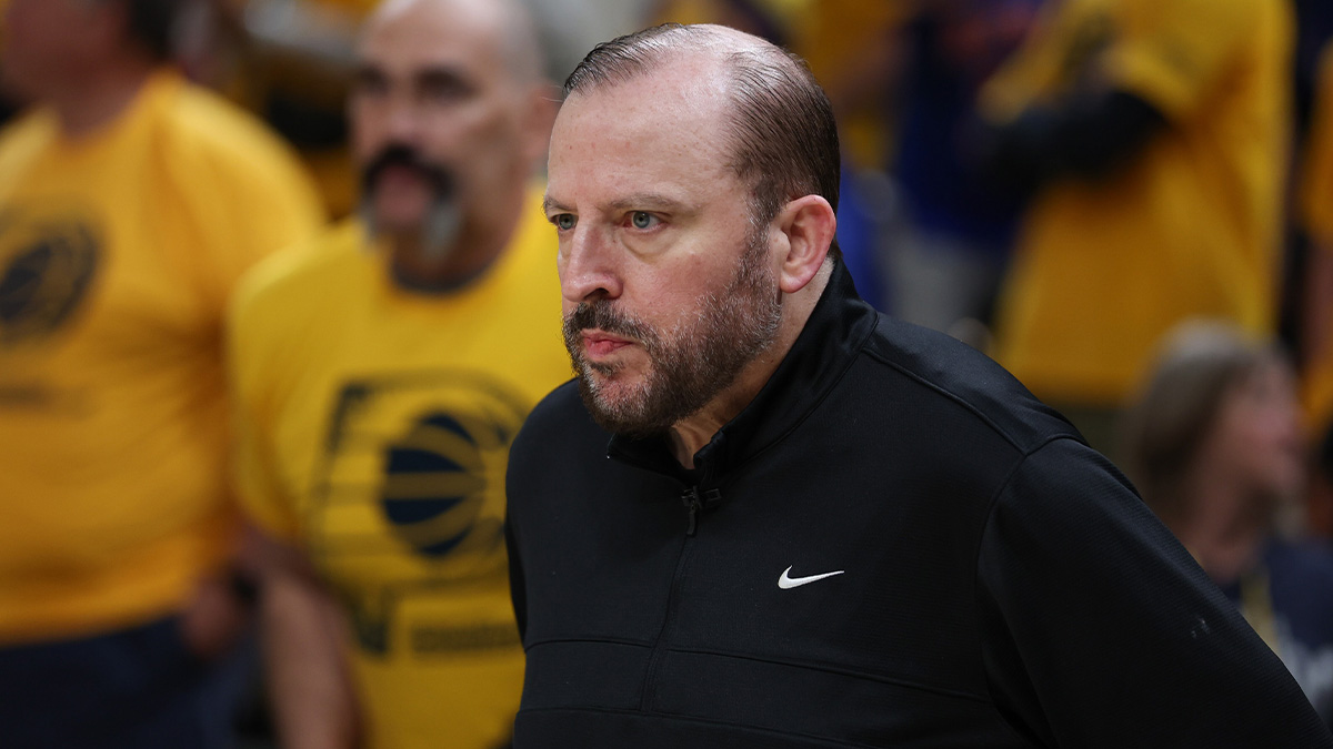 Knicks head coach Tom Thibodeau looks on prior to game six of the eastern conference finals against the Indiana Pacers for the 2025 NBA Playoffs at Gainbridge Fieldhouse