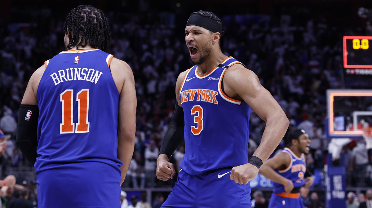 New York Knicks guard Jalen Brunson (11) and guard Josh Hart (3) celebrate after defeating the Detroit Pistons during game six of first round for the 2024 NBA Playoffs at Little Caesars Arena.