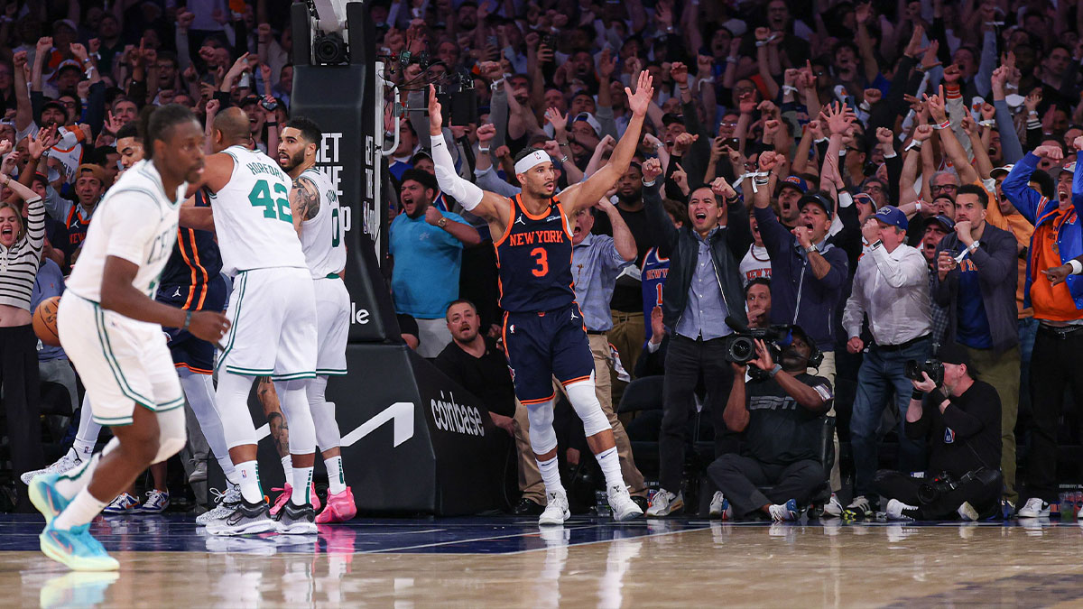 New York Knicks guard Josh Hart (3) reacts after scoring a basket in front of Boston Celtics center Al Horford (42) in the second half during game four of the second round for the 2025 NBA Playoffs at Madison Square Garden.