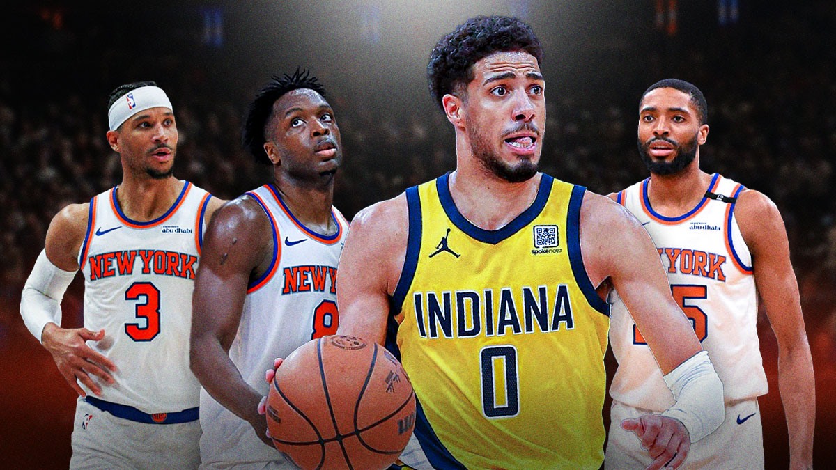 Mikal Bridges, OG Anunoby, Josh Hart Knicks with Tyrese Haliburton Pacers looming behind them like a villain