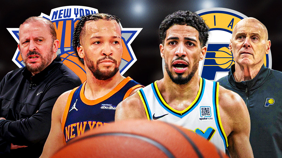 Jalen Brunson, Tom Thibodeau with a Knicks logo behind them facing off against Tyrese Haliburton, Rick Carlisle with a Pacers logo behind them