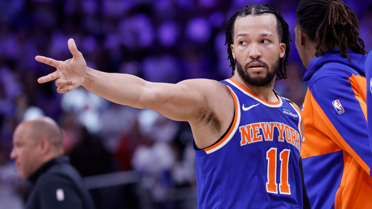 New York Knicks guard Jalen Brunson (11) celebrates his three point basket in the fourth quarter against the Detroit Pistons during game six of first round for the 2024 NBA Playoffs at Little Caesars Arena.