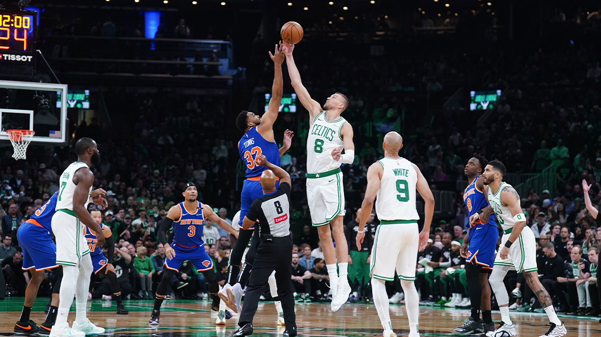 The Boston Celtics and New York Knicks tip-off to start game one of the second round for the 2025 NBA Playoffs at TD Garden.