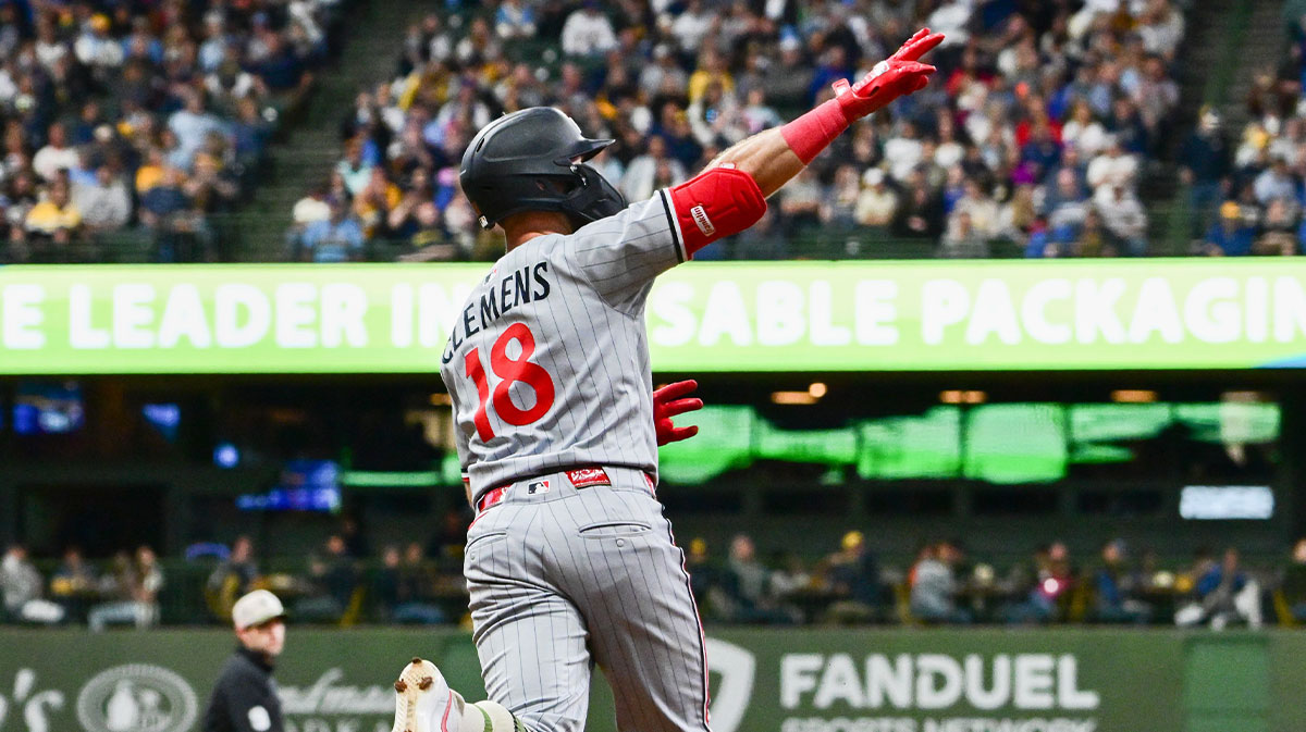 May 17, 2025; Milwaukee, Wisconsin, USA; Minnesota Twins second baseman Kody Clemens (18) reacts after hitting a solo home run in the fifth inning against the Milwaukee Brewers at American Family Field. Mandatory Credit: Benny Sieu-Imagn Images