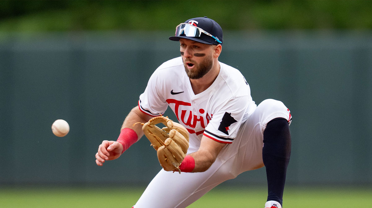 Minnesota Twins second base Kody Clemens (18) catches a line drive hit by Kansas City Royals left fielder Michael Massey (19) to end the top of the fifth inning at Target Field.