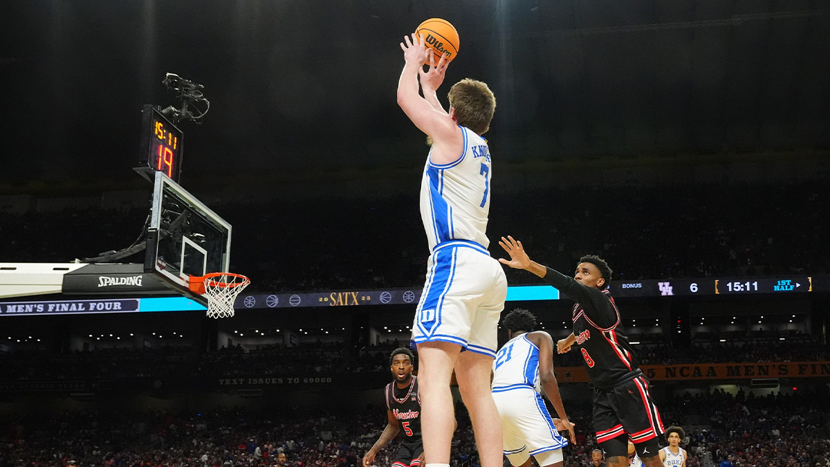 Duke Blue Devils guard Kon Knueppel (7) shoots against Houston Cougars guard Mylik Wilson (8) in the semifinals of the men's Final Four of the 2025 NCAA Tournament at the Alamodome.