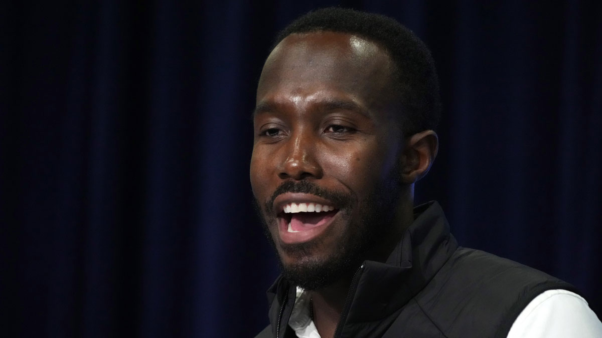 Minnesota Vikings general manager Kwesi Adofo-Mensah speaks during a press conference at the NFL Scouting Combine at Indiana Convention Center.