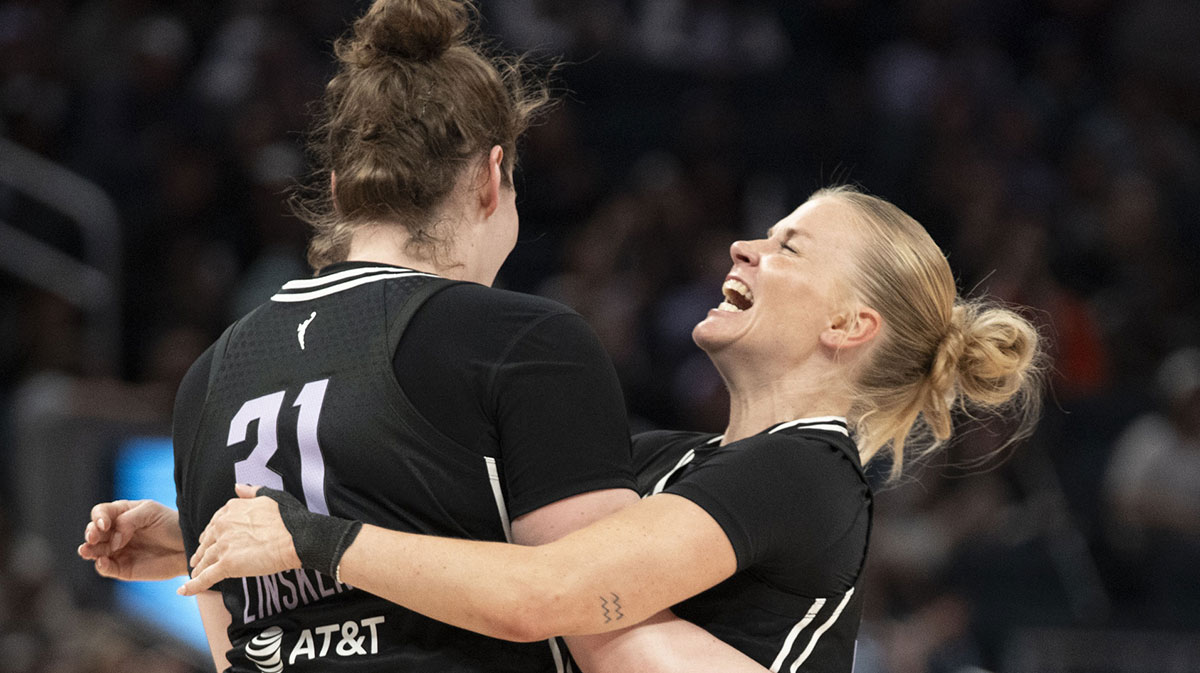 Golden State Valkyries center Kyara Linskens (31) and guard Julie Vanloo (35) celebrate against the Los Angeles Sparks during the third quarter at Chase Center.