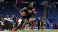 Rutgers running back Kyle Monangai (RB23) during the 2025 NFL Combine at Lucas Oil Stadium.