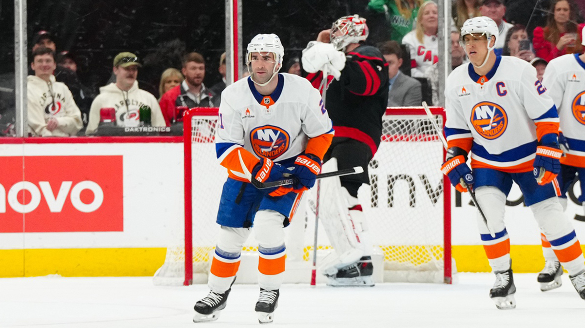New York Islanders center Kyle Palmieri (21) celebrates his goal against the Carolina Hurricanes during the first period at Lenovo Center.
