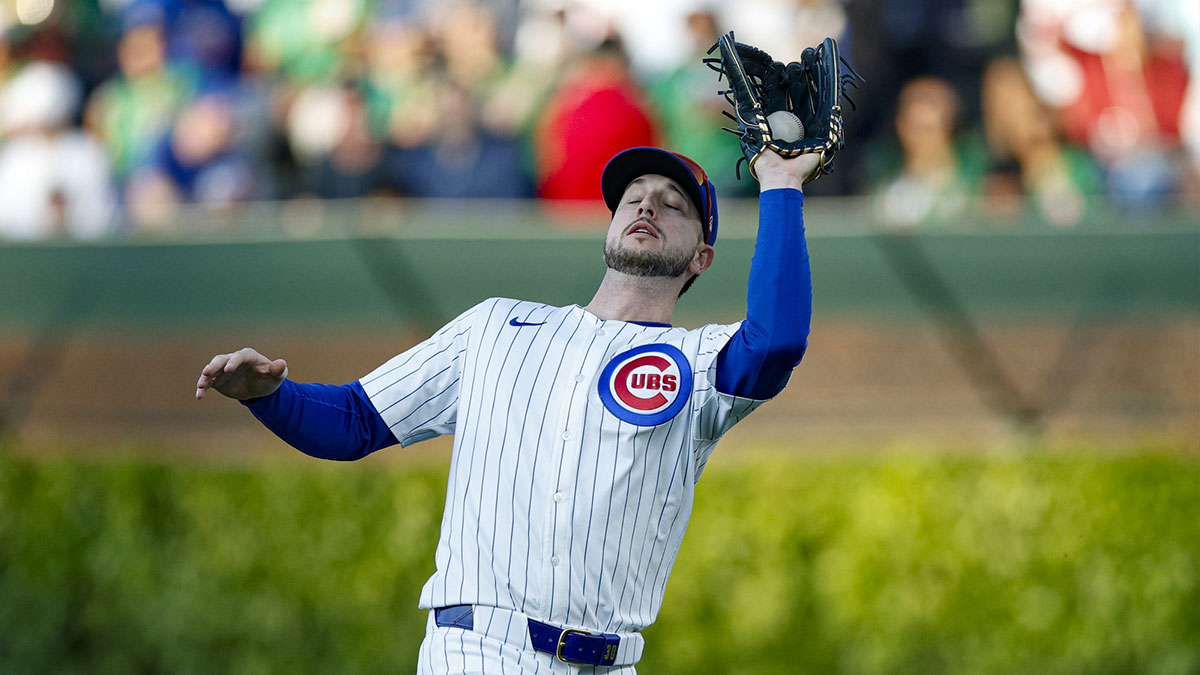 Chicago Cubs right fielder Kyle Tucker (30) catches a fly ball hit by Miami Marlins catcher Agustín Ramírez (not pictured) during the second inning at Wrigley Field.