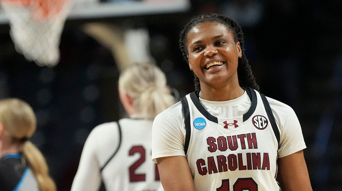 South Carolina Gamecocks guard MiLaysia Fulwiley (12) is all smiles at the end of the game at Legacy Arena in the Sweet 16. South Carolina advanced to the Elite 8 wtih a 71-67 victory.
