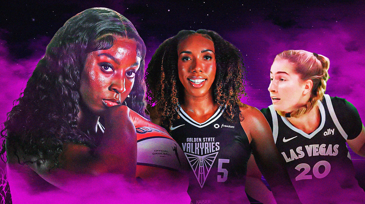 Valkyries' Laeticia Amihere, Kayla Thornton, and Kate Martin with purple neon fog in the background.