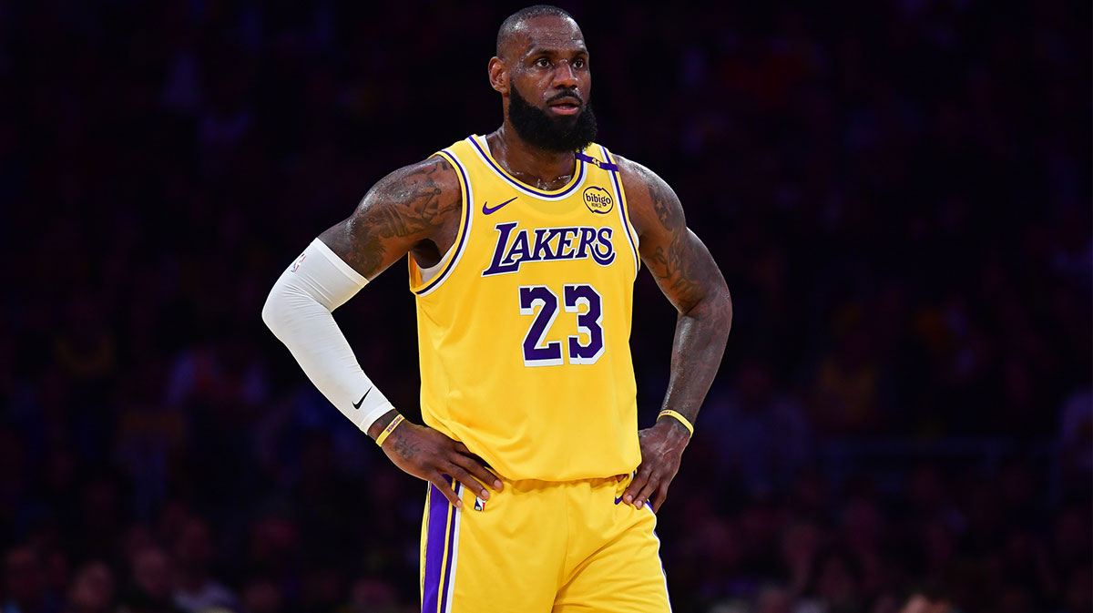 Lakers forward LeBron James (23) reacts during the first half in game five of first round for the 2025 NBA Playoffs at Crypto.com Arena