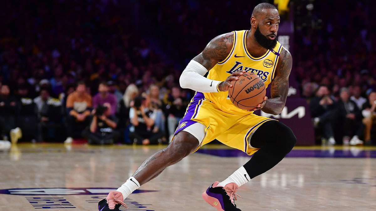 Los Angeles Lakers forward LeBron James (23) controls the ball against the Minnesota Timberwolves during the first half in game five of first round for the 2025 NBA Playoffs at Crypto.com Arena.