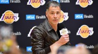 Los Angeles Lakers vice president of basketball operations and general manager Rob Pelinka speaks before introducing Luka Doncic at UCLA Health Training Center